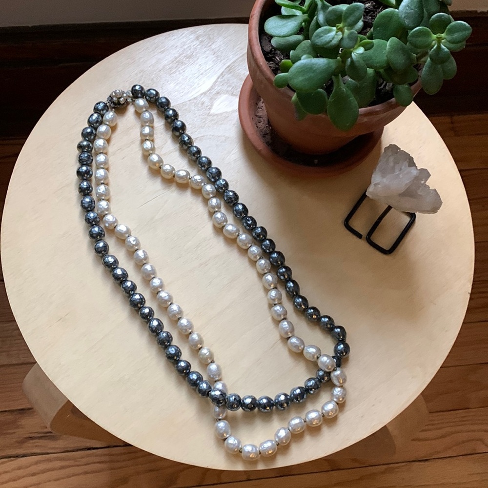 Miriam Haskell Blue and White Glass Pearl Necklace